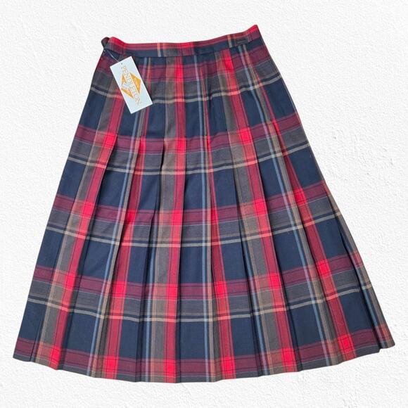 Vintage 70s Pendleton Red Dark Gray Tartan Plaid Pleated Wool Midi Skirt Size 16 - Picture 2 of 9